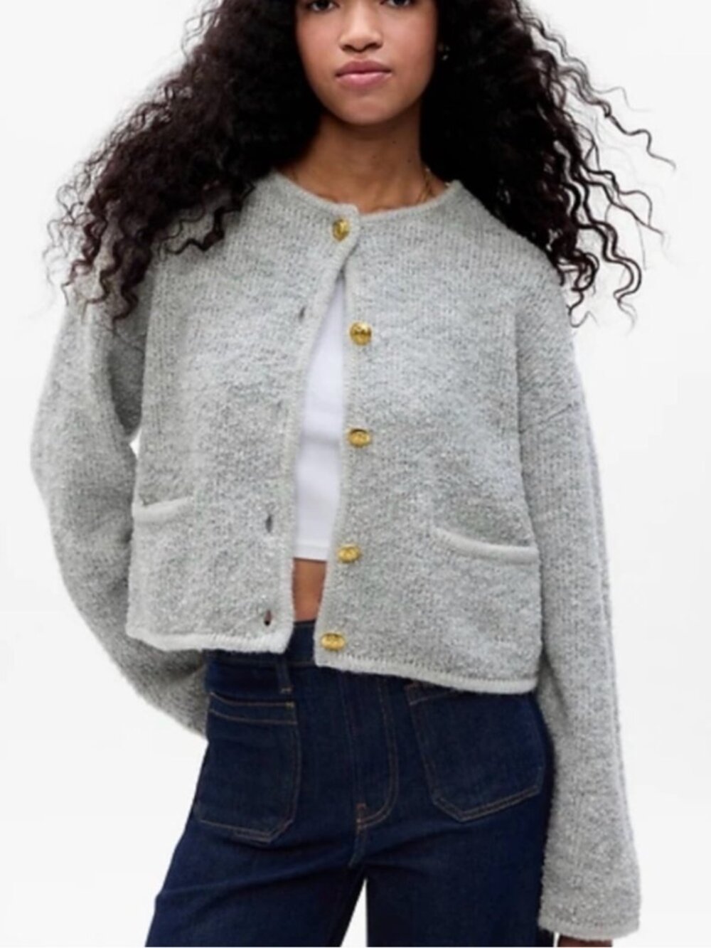 GAP Light Gray Cropped Cardigan with Gold Buttons